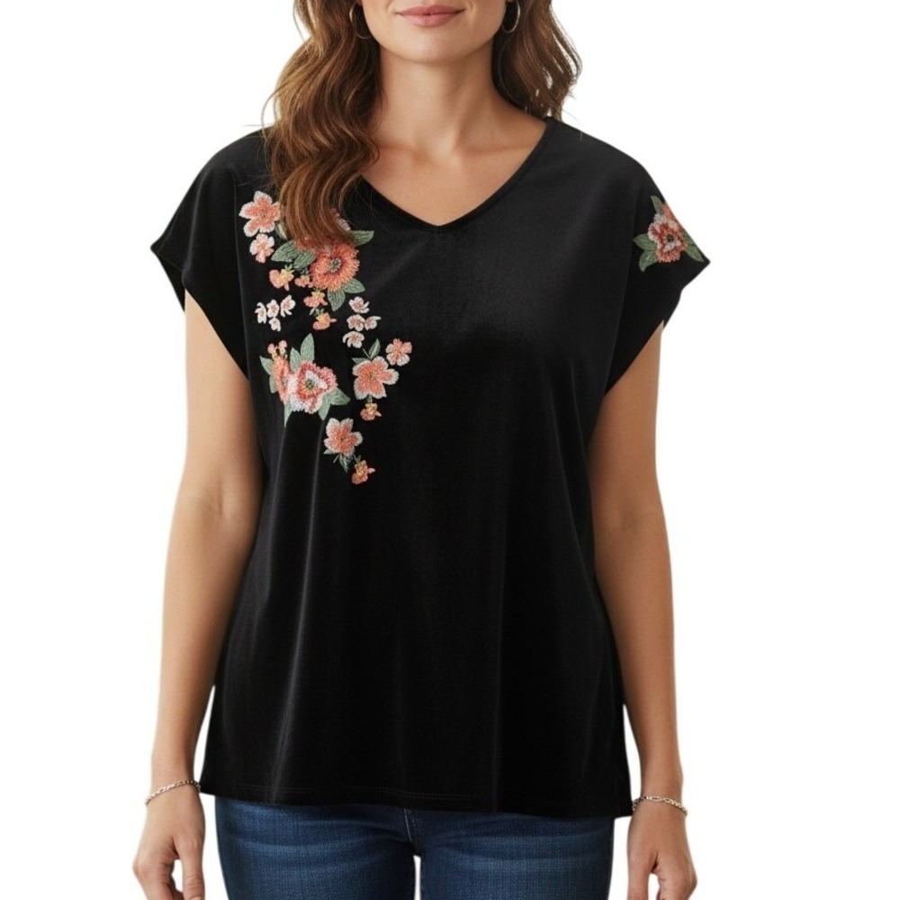 THML Velvet‎ Floral Embroidered V-Neck Top Women XS Black Cap Sleeve Boho